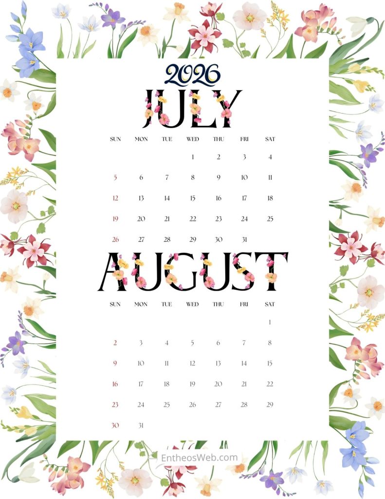 July  august 2026   2 month printable calendar floral border and typography 2 month   july august 2026 calendar garden 8 5 x 11 in